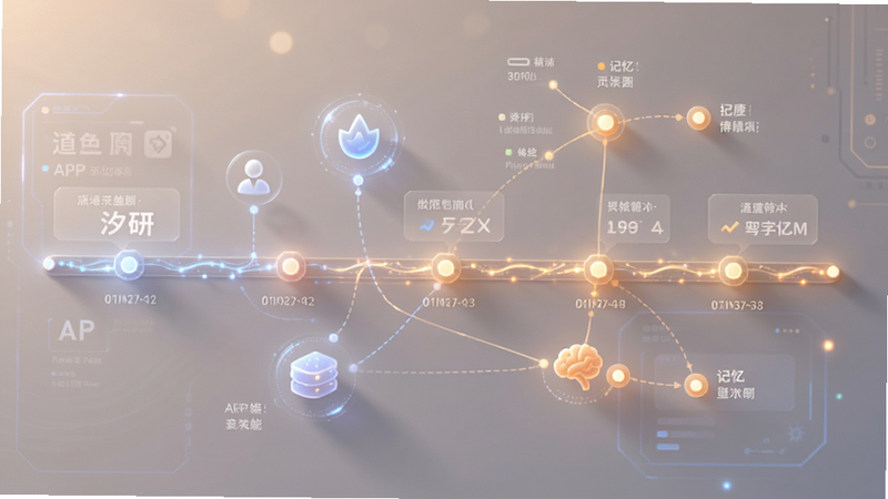 主体为“汐研”APP的记忆功能示意图,布局为时间轴与记忆点关联图,风格科技感与温馨感结合,细节包含数据节点和连接线,画质精细,干净无多余元素