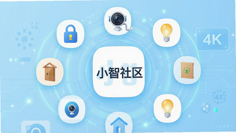һ��չʾС������APP������ĸ���UI���ͼ������Ϊǳ��ɫ�Ƽ��磬������ʾ��С��������Logo����Χ���������ܼҾ�ͼ��������������ͷ���ƹ⣬����������ɫ���������޶���Ԫ�أ�4K����