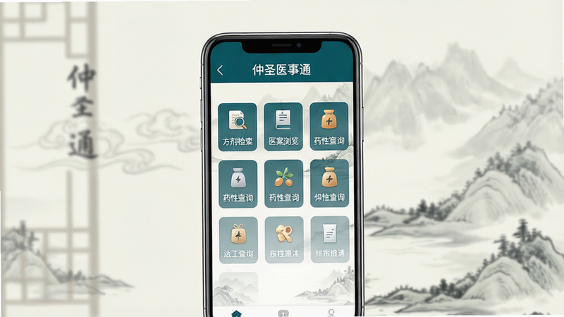 主体为一部竖屏放置的智能手机,屏幕清晰显示“仲圣医事通”应用首页界面,顶部为深青色导航栏,下方为网格状的功能入口图标,包括“方剂检索”、“医案浏览”、“药性查询”等模块,背景为淡雅的中式水墨风格,整体布局整洁有序,排版规整,风格清新专业,细节处可见字体清晰无模糊,画质高清,干净无多余元素,无水印