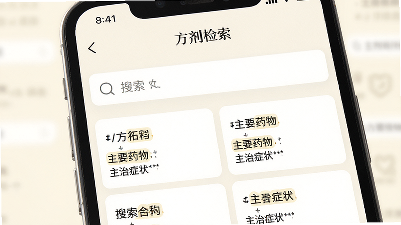 主体为应用内的“方剂检索”界面特写,屏幕中央显示一个大的搜索框,下方列出多条搜索结果卡片,每条卡片包含方剂名称、主要药物和主治症状,背景为柔和的米白色,布局清晰,排版紧凑,风格简约现代,细节处可见高亮显示的关键词,画质清晰,干净无多余元素,无水印
