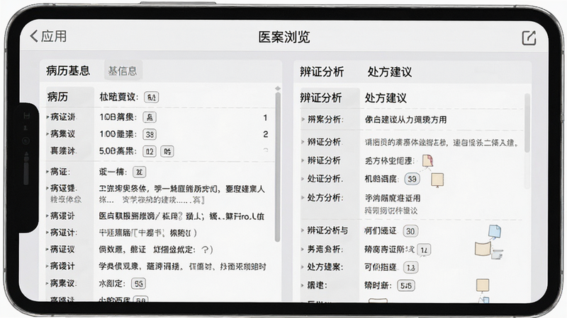 主体为应用内的“医案浏览”界面,屏幕显示一篇详细的医案记录,左侧为病历基本信息,右侧为辨证分析与处方建议,背景为浅灰色调,布局左右分栏,排版工整,风格严谨学术,细节处可见段落划分清晰,画质高保真,干净无多余元素,无水印