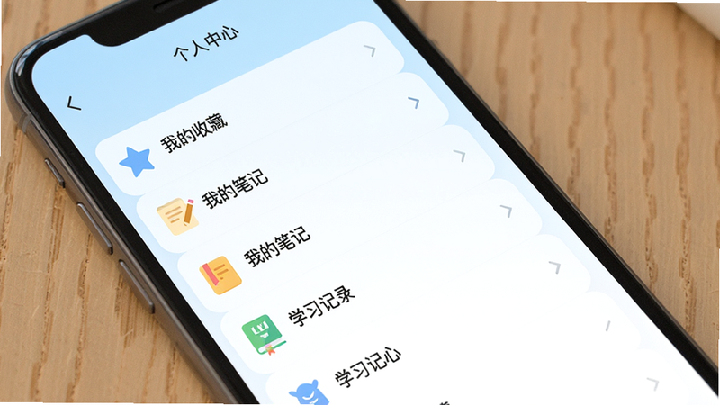 主体为应用内的“个人中心”界面,屏幕显示“我的收藏”、“我的笔记”、“学习记录”等菜单项,背景为淡蓝色渐变,布局列表式排列,排版清晰,风格友好亲切,细节处可见图标设计扁平化,画质清晰,干净无多余元素,无水印