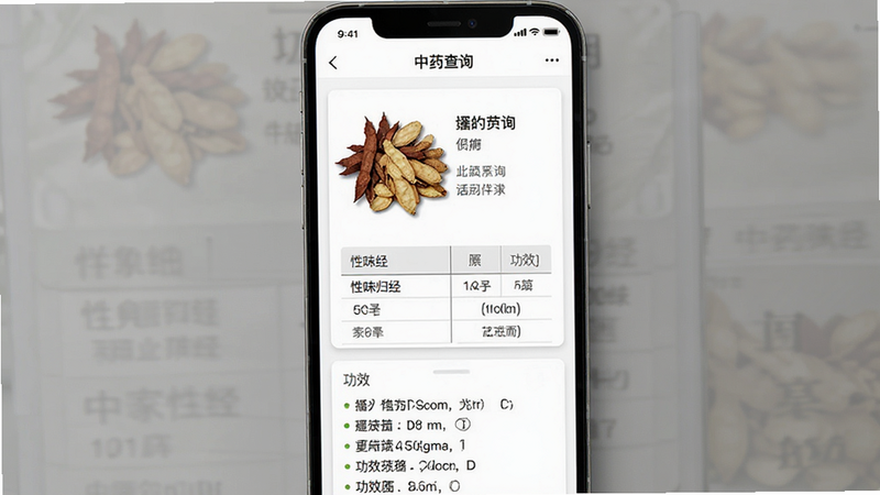 主体为应用内的“中药查询”界面,屏幕显示一味中药的详细资料卡片,包括药材图片、性味归经表格和功效列表,背景为纯白色,布局单列垂直排列,排版疏密得当,风格简洁直观,细节处可见药材图片色彩还原度高,画质细腻,干净无多余元素,无水印