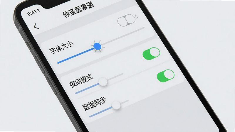 主体为一部手机屏幕,显示“仲圣医事通”的设置界面,包含“字体大小”、“夜间模式”、“数据同步”等选项开关,背景为浅灰色,布局列表式,排版清晰,风格简约,细节处可见滑块控件清晰,画质高,干净无多余元素,无水印