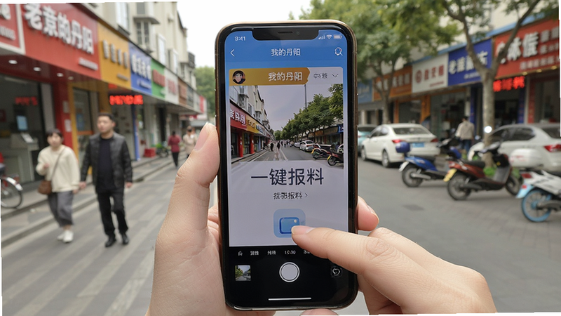 主体为用户手持手机拍摄街道场景,手机屏幕上显示“我的丹阳”APP的报料界面,布局为第一人称视角,风格为生活记录风,细节突出手指点击动作与界面反馈,画质明亮自然,干净无遮挡,文字“一键报料”醒目