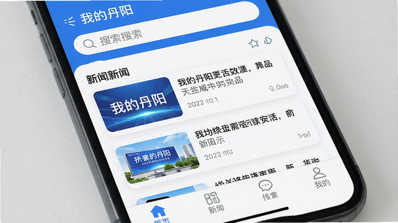 主体为手机屏幕特写,展示“我的丹阳”APP首页界面,布局清晰包含顶部搜索栏、中部新闻卡片流、底部导航栏,排版整齐,风格为现代简约扁平化设计,细节处体现蓝色主色调与白色背景对比,画质高清,干净无多余元素,文字“我的丹阳”清晰可见