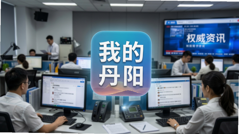 主体为新闻编辑室场景,背景是忙碌的媒体工作人员,前景突出显示“我的丹阳”APP图标悬浮在空中,布局为前后景深关系,风格为写实摄影风,细节展现专业设备与屏幕上的文字流,画质逼真,干净无杂乱,文字“权威资讯”隐约可见