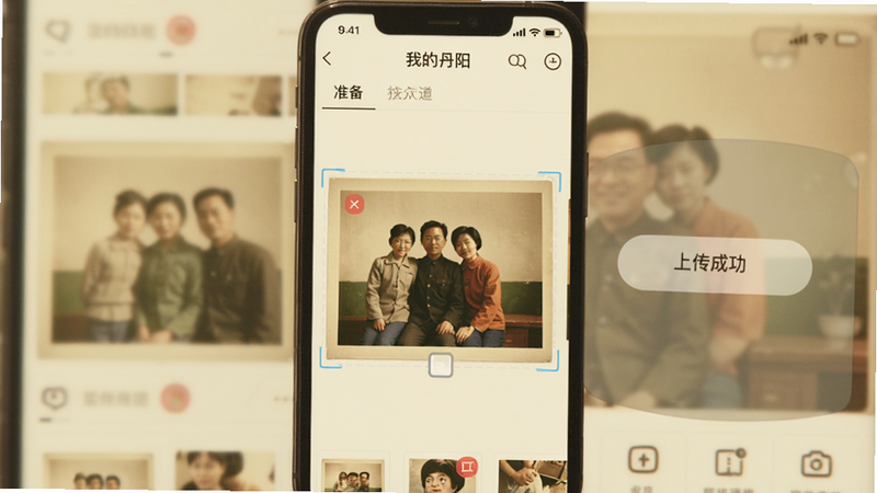 主体为手机相册界面,用户正在选择一张老照片准备上传至“我的丹阳”APP,布局为全屏预览,风格为怀旧复古风,细节展现照片边框与选择框,画质柔和,干净无水印,文字“上传成功”提示