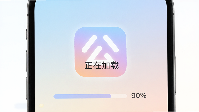 �ֻ���Ļ��ʾ�����ڼ��ء��Ķ���ͼ�꣬����Ϊ���⹫��APP��Logo����������ʾ90%������࣬ɫ����ͣ�ϸ�����������ʸ��壬�ɾ����޶���Ԫ��