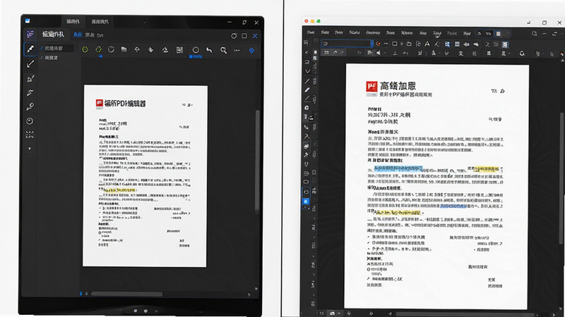 �����Ա�ͼ�����չʾ�����PDF�༭�����ڵͶ˻��ϵ���������״̬���Ҳ�չʾ�����ĵ��༭ϸ�ڣ�����ƽ�⣬���Ƽ��У�ϸ�������������������ɾ��������޶���Ԫ��
