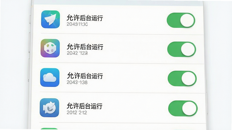 主体为手机后台管理界面示意图,布局为列表形式,排版清晰,风格写实,细节显示应用图标与开关状态,画质清晰,干净,无多余元素,文字“允许后台运行”可见