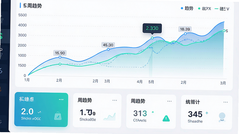主体为数据仪表盘界面,布局为上下结构,上方为折线图下方为统计卡片,排版紧凑有序,风格科技感与清新感结合,细节包含坐标轴与数据标签,画质清晰,干净,无多余元素,文字“周趋势”可见