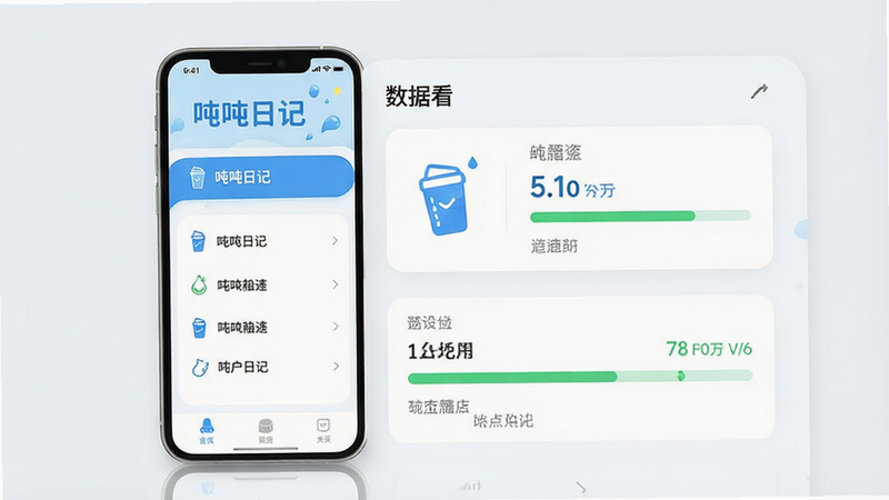 主体为一款名为“吨吨日记”的手机应用界面展示图,布局采用左侧功能菜单右侧数据看板排版,风格清新简约,细节包含蓝色水杯图标与绿色进度条,画质高清,干净,无多余元素,文字“吨吨日记”清晰可见
