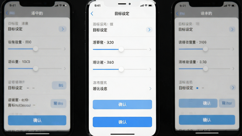 主体为设置页面截图,布局为列表式选项,排版垂直排列,风格极简主义,细节包含滑块调节器与确认按钮,画质细腻,干净,无多余元素,文字“目标设定”清晰