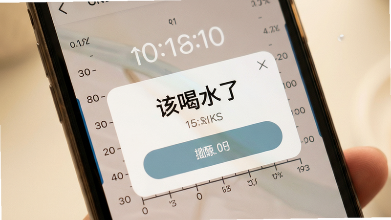 主体为手机屏幕特写,布局为中心弹窗提醒界面,排版简洁明了,风格温馨柔和,细节显示时间刻度与喝水按钮,画质精细,干净,无多余元素,文字“该喝水了”醒目