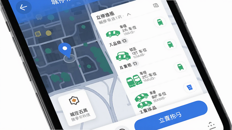 主体为手机屏幕展示城停科技APP界面,布局清晰显示地图定位与车位列表,排版简洁现代,风格扁平化,细节包含绿色车位图标与蓝色支付按钮,画质高清,干净,无多余元素