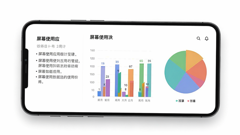 主体为手机应用界面,展示“屏幕使用”应用的统计图表,包含柱状图和饼图,布局左右分栏,左侧为文字说明,右侧为彩色数据图形,排版清晰有序,风格为极简主义白底黑字,细节处有柔和的阴影效果,画质清晰,干净,无多余元素