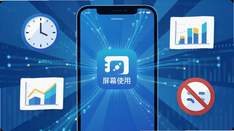 主体为手机屏幕界面,中央显示“屏幕使用”应用图标,周围环绕着时钟、图表、禁止符号等元素,布局呈放射状发散,排版简洁现代,风格为扁平化科技蓝,细节处有数据流动的光效,画质高清,干净,无多余元素