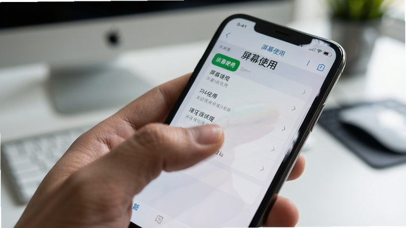 主体为一只手拿着手机,屏幕上显示“屏幕使用”应用的设置页面,背景为模糊的办公桌面,布局特写视角,排版聚焦于屏幕内容,风格为写实摄影风,细节处有手指触碰屏幕的动态感,画质高清,干净,无多余元素