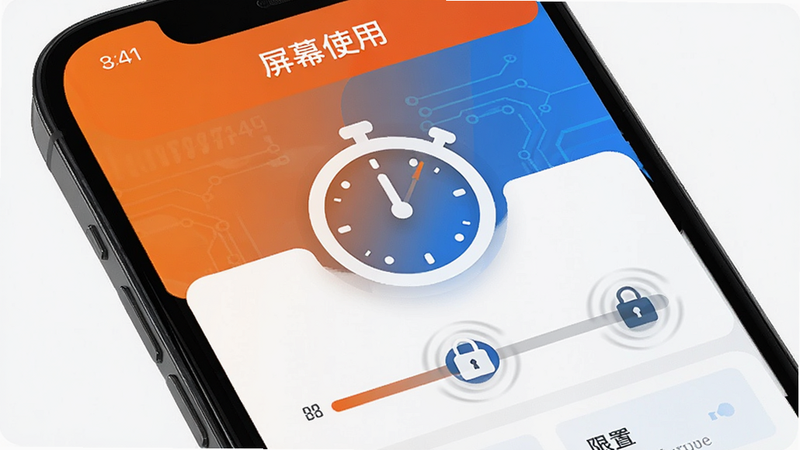 主体为手机屏幕,显示“屏幕使用”应用的限额设置界面,中央有一个大的计时器图标,下方有滑块调节条,布局居中对称,排版紧凑,风格为警示橙与科技蓝搭配,细节处有锁定图标的微动效示意,画质高清,干净,无多余元素