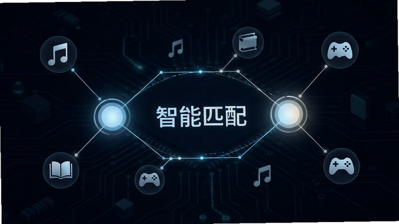 一个抽象的概念图,展示两个发光的节点通过线条连接,周围环绕着代表兴趣的图标如音乐、书籍、游戏,背景深色科技感,风格极简,细节精致,画质4k,干净,无多余装饰,中心文字