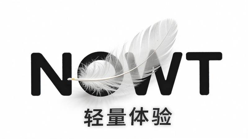 一片轻盈的羽毛落在NOWT图标上,背景为纯白色,风格清新简约,细节柔和,画质细腻,干净,无阴影干扰,文字