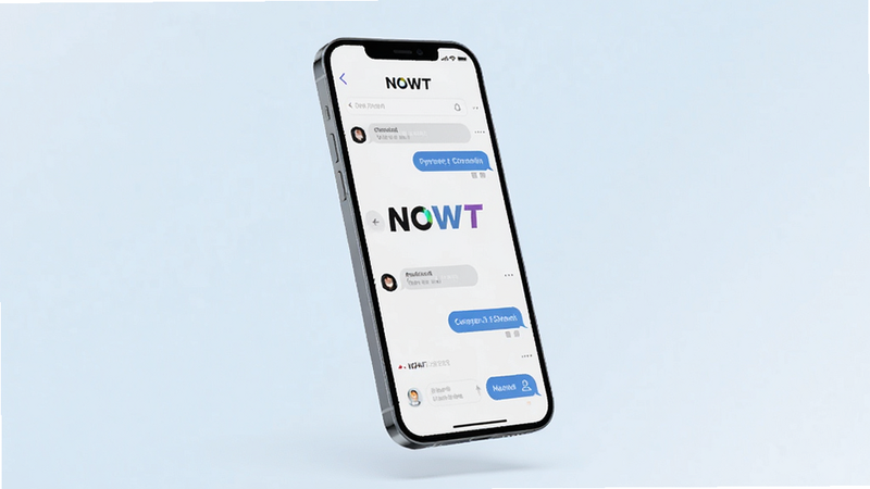 一张展示NOWT应用界面的3D渲染图,主体为悬浮在空中的智能手机,屏幕显示NOWT聊天界面,布局简洁现代,背景为淡蓝色渐变,风格科技感强,细节清晰,画质高清,干净无多余元素,文字