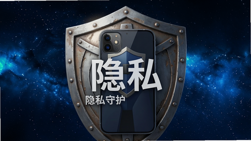 一把巨大的盾牌保护着一部手机,盾牌上写着