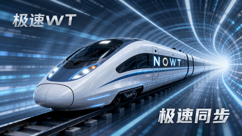 高速列车穿梭在数据流隧道中,象征极速传输,主体为NOWT图标,布局动态感强,风格科幻未来感,细节流畅,画质高清,干净,无杂乱背景,文字