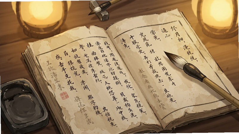 一个打开的古代书籍插图,书页上写满了竖排的诗句,旁边放着一支毛笔和一块砚台,背景是暖黄色的灯光,营造出浓郁的书香气息,细节丰富,质感真实,无水印