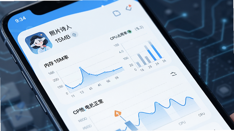 手机后台运行监控界面示意图,显示“照片诗人”应用占用内存为15MB,CPU占用率极低,电池消耗正常,界面简洁清晰,数据图表化展示,风格科技蓝,高清