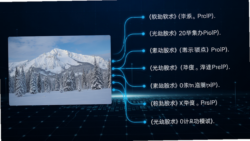 展示软件内部功能模块的示意图,左侧是一张雪景照片,右侧是对应的诗句列表,中间用发光的连接线连接,背景为深蓝色科技感网格,文字清晰可见,风格现代简约,高质量渲染