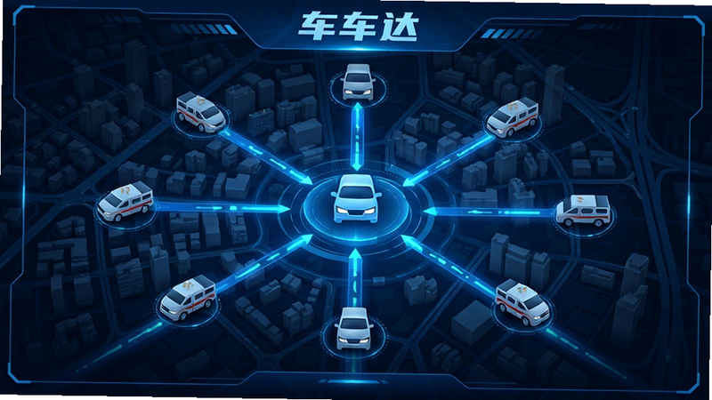地图界面,中心点为车辆图标,周围辐射出多个救援车图标,连线显示路径,背景为城市地图,标注“车车达”字样,风格科技感,蓝色调,细节丰富,高清