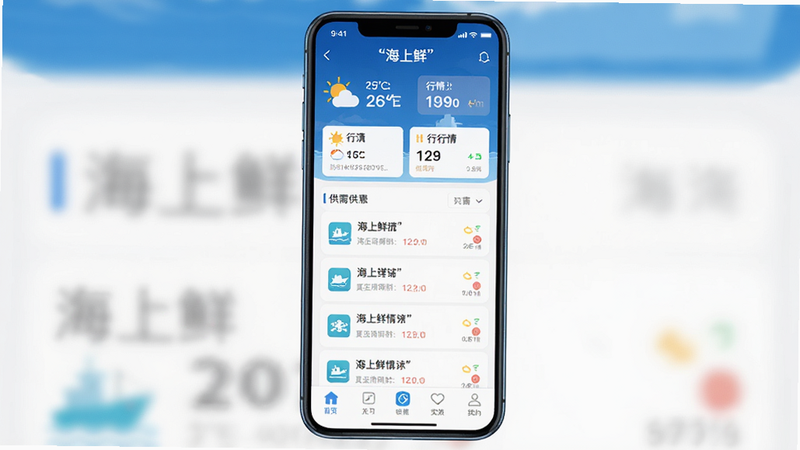 主体为“海上鲜”APP手机界面展示,布局为竖屏全屏,顶部显示天气与行情模块,中部为供需列表,底部为导航栏,风格为现代扁平化商务风,细节包含清晰的图标与高对比度文字,画质高清,干净,无多余元素,文字加引号“海上鲜”