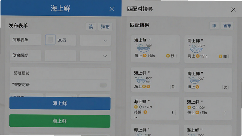 主体为“海上鲜”APP供需对接页面,布局为左右分栏,左侧为发布表单,右侧为匹配结果列表,风格为简洁实用风,细节包含明确的按钮标识与信息卡片结构,画质清晰,干净,无多余元素,文字加引号“海上鲜”