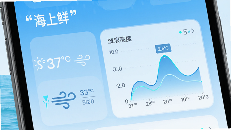 主体为“海上鲜”APP天气模块特写,布局为卡片式设计,背景为淡蓝色海洋渐变,左侧显示温度与风力图标,右侧为波浪高度曲线图,风格为科技感数据可视化,细节包含精确的数字刻度与动态效果暗示,画质清晰,干净,无多余元素,文字加引号“海上鲜”