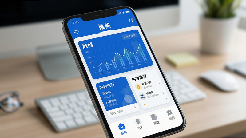 一张高清的智能手机屏幕特写,手机界面显示着“推典”APP的主页,界面风格现代简约,主色调为科技蓝与白色,顶部有清晰的导航栏,中间展示着数据图表和内容推荐卡片,底部有四个主要功能图标,背景是模糊的办公桌面环境,光线柔和,突出屏幕内容的清晰度与专业感,无多余文字干扰,画质细腻,4k分辨率