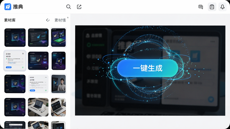 展示“推典”APP内部的内容编辑界面,左侧是素材库缩略图,右侧是实时预览窗口,界面中有一个明显的“一键生成”按钮,周围环绕着发光的粒子效果,象征智能算法正在工作,整体布局整洁有序,色彩明亮,体现科技感与便捷性,无杂乱元素,高清细节