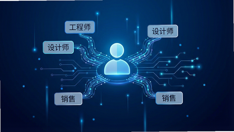 一张科技感十足的概念图,展示数据流汇聚成一个人形图标,周围环绕着多个职位标签,如“工程师”、“设计师”、“销售”,背景为深蓝色渐变,象征智能匹配算法,主体清晰,布局平衡,风格极简,细节精致,画质高清,无杂乱元素,文字标签清晰