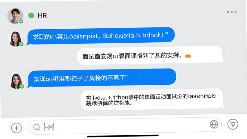 一张手机聊天界面截图,显示求职者与HR的对话气泡,背景为浅灰色,左侧气泡为蓝色,右侧为白色,内容涉及面试安排,界面顶部显示用户头像和在线状态,底部输入框清晰,整体风格现代简约,细节真实,画质清晰,无水印,文字内容模拟自然对话