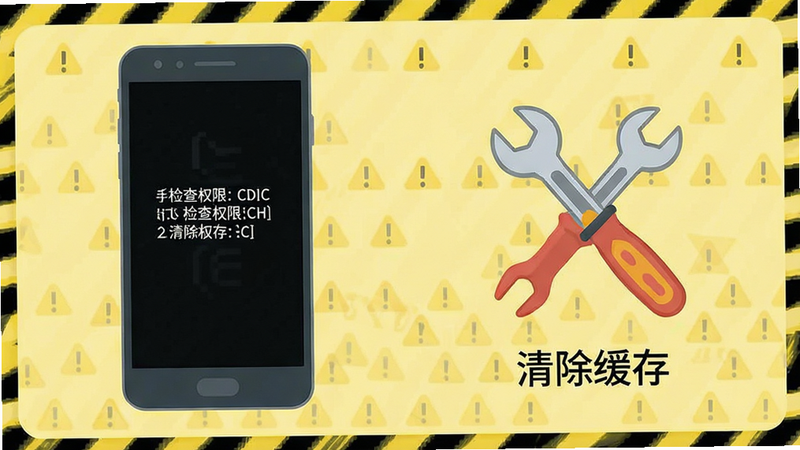 一张手机故障排查示意图,展示手机屏幕显示错误代码,旁边有一个维修工具图标,背景为浅黄色警示色,布局简洁,风格扁平化,细节清晰,画质高清,无多余元素,文字提示“检查权限”、“清除缓存”