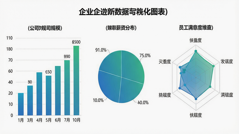 一张企业数据可视化图表,包含柱状图、饼图和雷达图,展示公司规模、薪资分布、员工满意度等维度,背景为白色,图表颜色为蓝绿渐变色,布局整齐,风格专业商务,细节清晰,画质高清,无多余装饰,文字标签准确