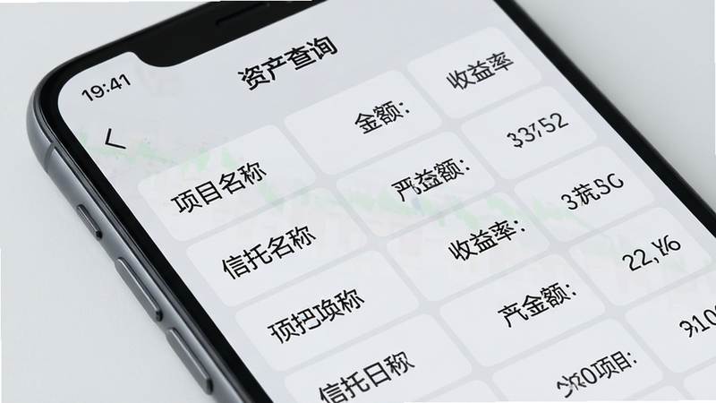 �ֻ���Ļ��д����ʾ���ʲ���ѯ��ҳ�棬�б���ʽչʾ���������Ŀ��������Ŀ���ơ��������ʵ����ݣ�����Ϊǳ��ɫ�������������������룬����ִ���Լ�����ʾ�ϸ����ˮӡ