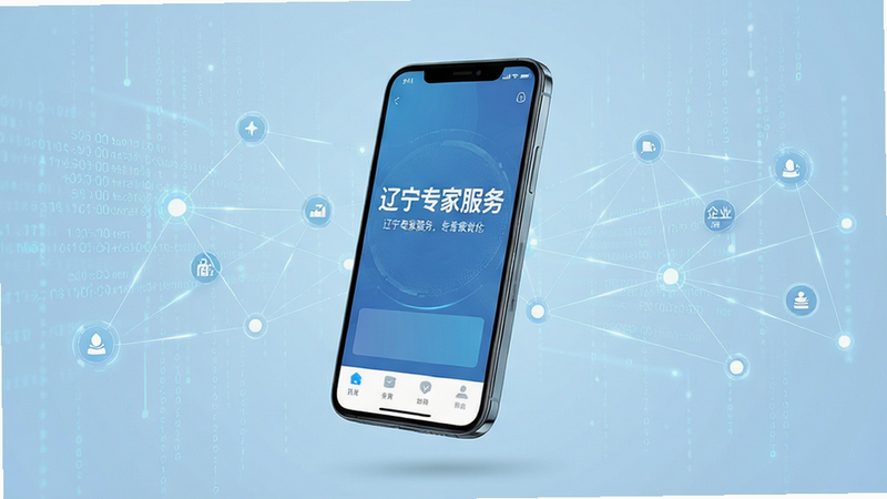 一张现代简约风格的概念图,主体是悬浮在空中的智能手机,屏幕显示着“辽宁专家服务”的应用界面,背景是淡蓝色的科技数据流和连接节点,象征专家与企业的连接,布局居中,排版整洁,风格科技感强,细节丰富,画质高清,干净,无多余元素