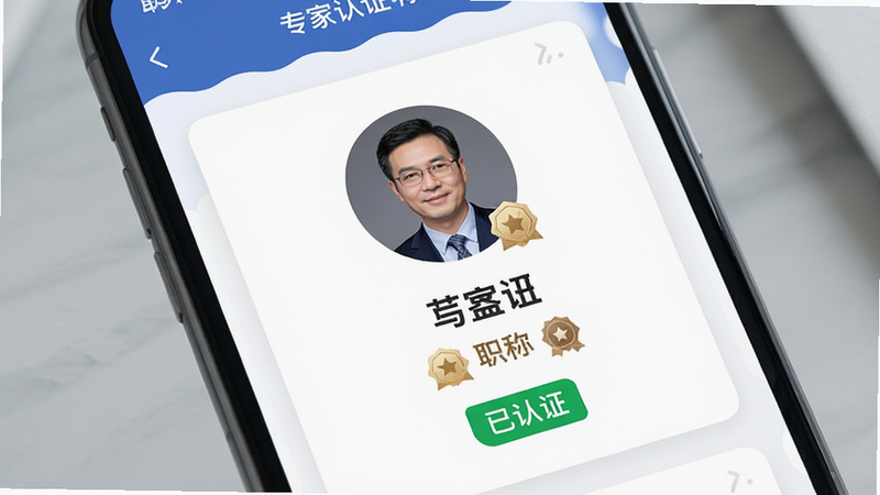 展示手机APP内的专家认证页面,界面清晰显示专家头像、姓名、职称徽章及“已认证”绿色标签,背景为柔和的白色卡片式布局,突出权威感和信任感,主体居中,排版清晰,风格商务专业,细节精致,画质清晰,干净,无多余元素
