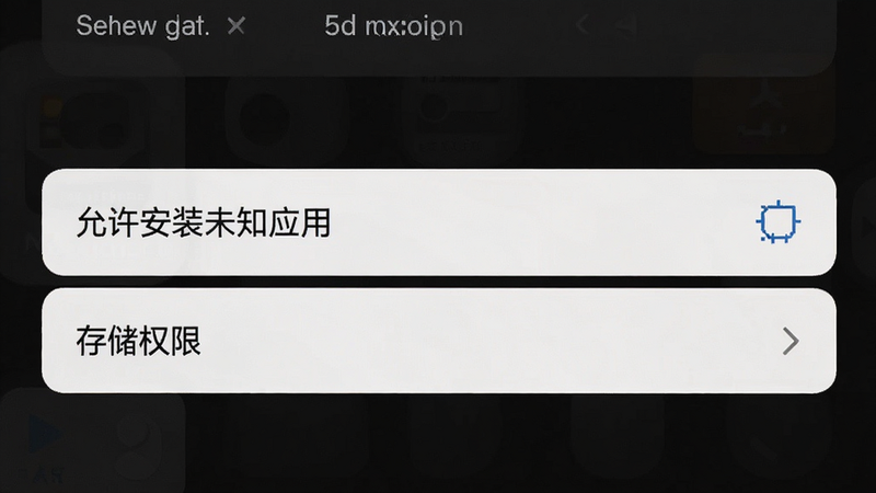 展示手机设置界面,重点高亮显示“允许安装未知应用”和“存储权限”选项,背景为深色模式,主体清晰,布局简洁,风格直观易懂,细节明确,画质清晰,干净,无多余元素