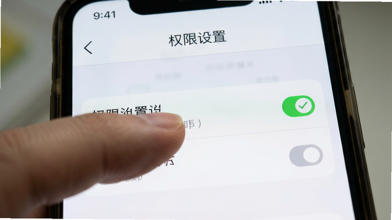 主体为手机设置界面特写,手指正在点击权限管理,布局聚焦于屏幕中央,排版清晰,风格为写实UI截图风,细节展示勾选状态,画质清晰,干净,无多余元素,文字“权限设置”显示在顶部
