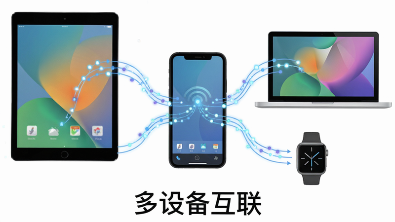 主体为一台中心手机连接周围三台不同设备(平板、电脑、手表),布局呈星型拓扑,排版均衡,风格为现代扁平化,细节展示数据流动的光点,画质清晰,干净,无多余元素,文字“多设备互联”位于底部