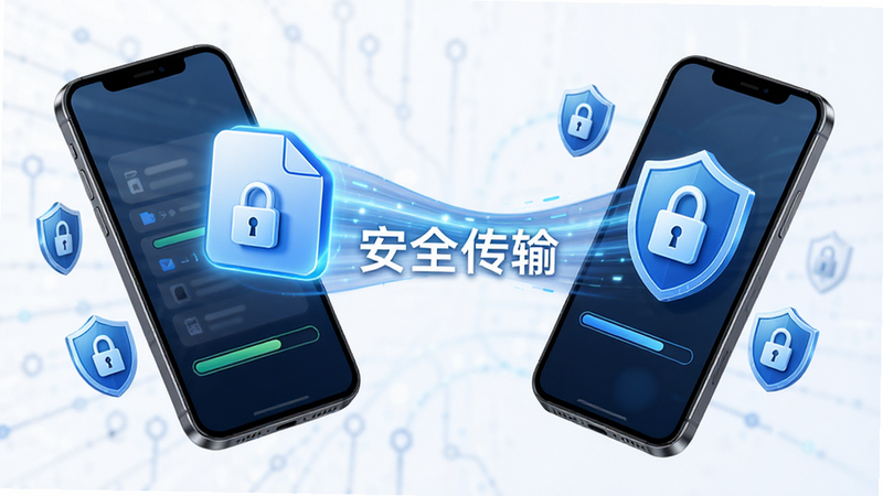 主体为文件图标从一部手机飞向另一部手机,周围有保护盾牌图标,布局呈动态流动感,排版紧凑,风格为商务科技风,细节展示进度条和加密锁,画质高保真,干净,无多余元素,文字“安全传输”居中
