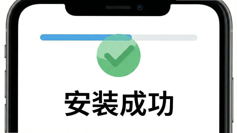 主体为手机安装界面,显示进度条和成功图标,布局简洁,排版垂直居中,风格为扁平化图标设计,细节展示对勾符号,画质清晰,干净,无多余元素,文字“安装成功”醒目显示